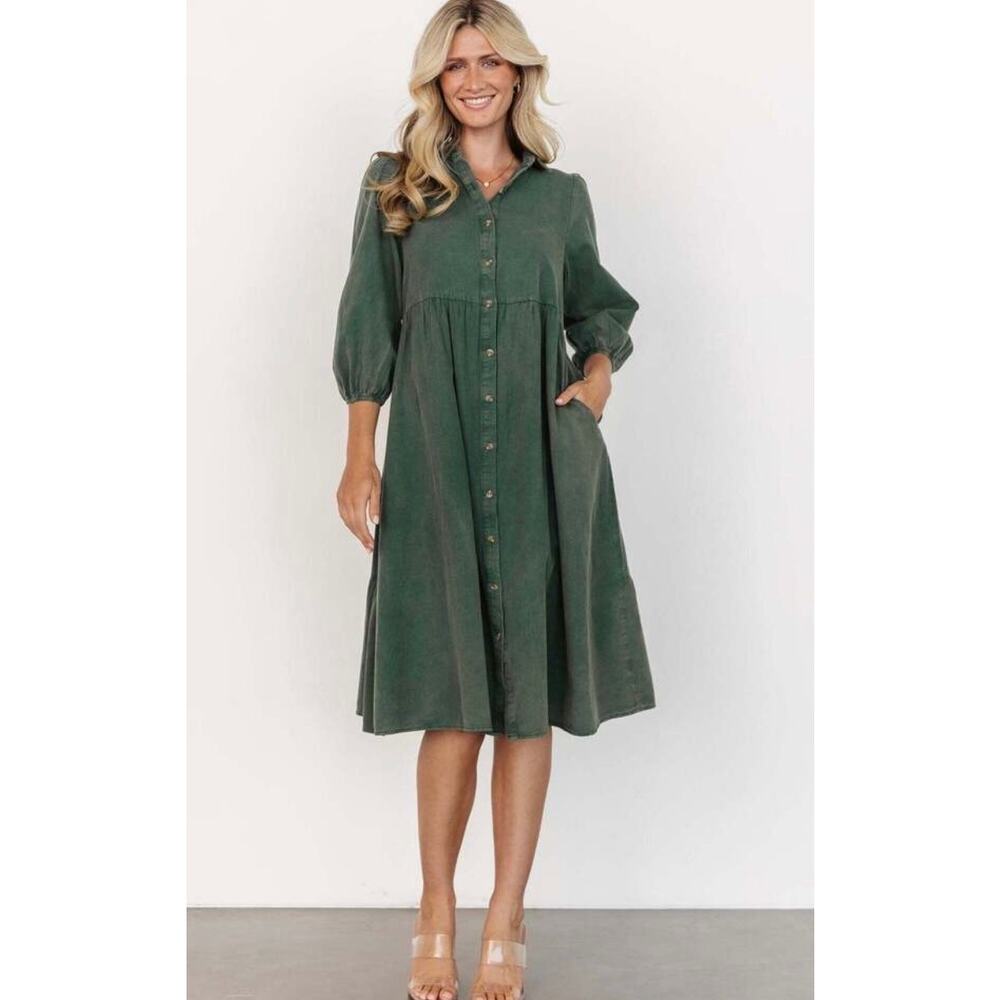Baltic Born Sari Green Button Front Midi Babydoll Dress Size L 100% Cotton
